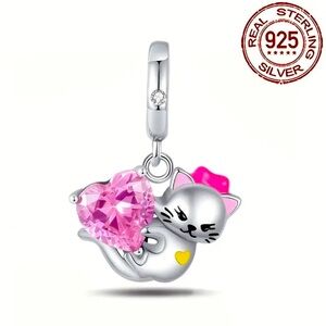 925 sterling silver cat kitty charm with pink heart crystal NWT